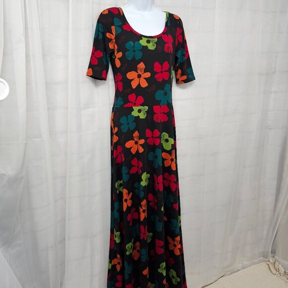 LuLaRoe Black Multi-Color Floral Maxi Dress Tee Boho Retro Grunge M - Picture 5 of 11